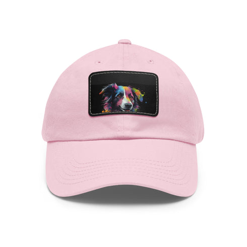 Collie charm baseball cap in white with light brown rectangle patch.