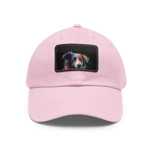 White cotton baseball cap with collie charm patch, unisex and vegan.