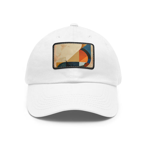 Abstract geometric white cotton baseball cap with light brown patch.