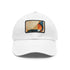 Abstract geometric white cotton baseball cap with light brown patch.
