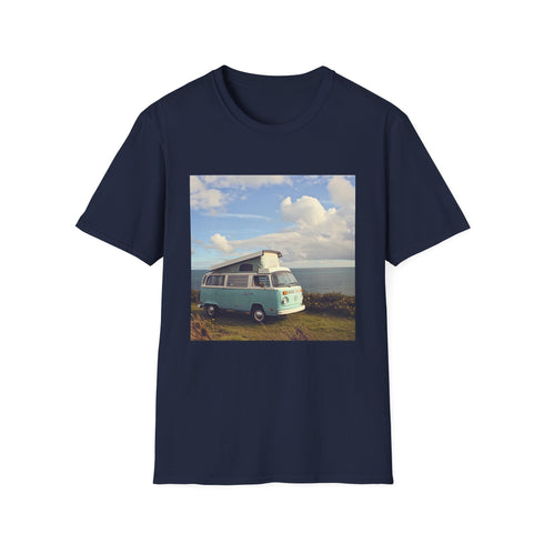 Charcoal retro camper van T-shirt with coastal design soft cotton fabric