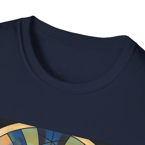 Charcoal cotton t-shirt with vibrant abstract art deco geometric patterns