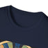Charcoal cotton t-shirt with vibrant abstract art deco geometric patterns