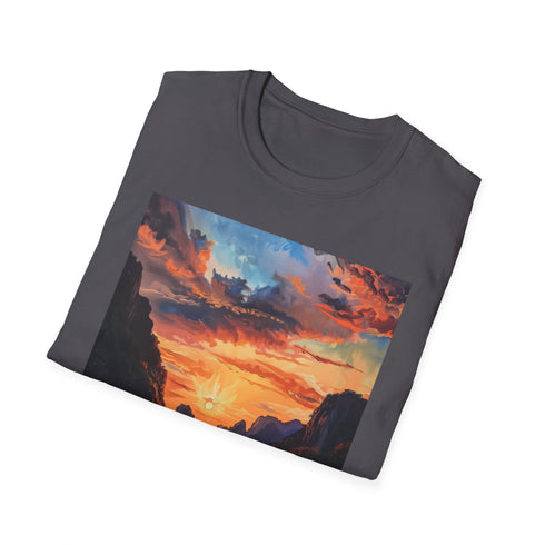 Charcoal crew neck cotton T-shirt with vibrant El Nido sunset painting