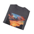 Charcoal crew neck cotton T-shirt with vibrant El Nido sunset painting