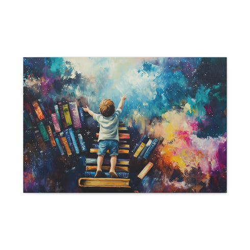 A Curious Child Reaching for the Stars with Books Stretched Canvas Wall Art
