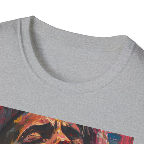 Charcoal cotton crew neck T-shirt with vibrant poetic Drake painting