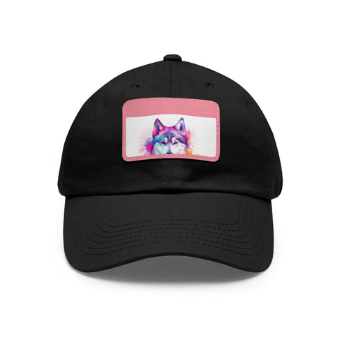 White baseball cap with adorable husky design.