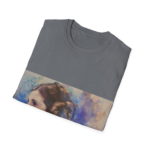 Princess Leia watercolor tee, charcoal cotton t-shirt for Star Wars fans.