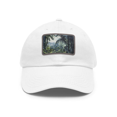 White vegan cotton hat with Congo Rainforest watercolor design.