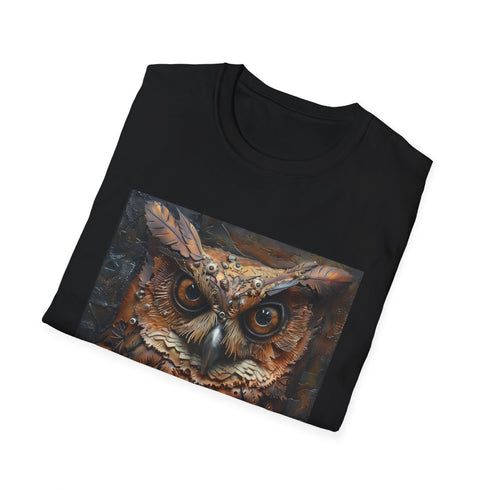 Steampunk owl design t-shirt in Charcoal, size S, DTG printed.