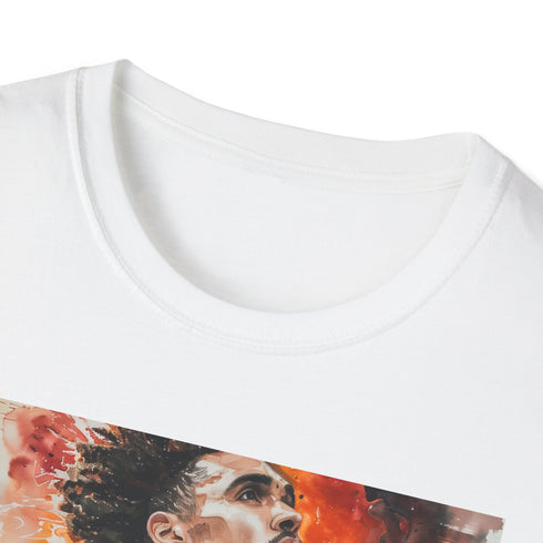 Charcoal crew neck cotton t-shirt with vibrant watercolor portrait of Trae Young