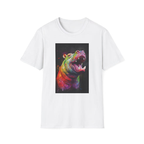 Charcoal cotton crew neck t-shirt featuring smiling hippo illustration