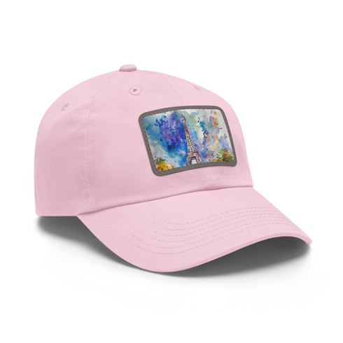 Eiffel Tower Dreams Watercolor Baseball Cap in White with Light Brown Patch