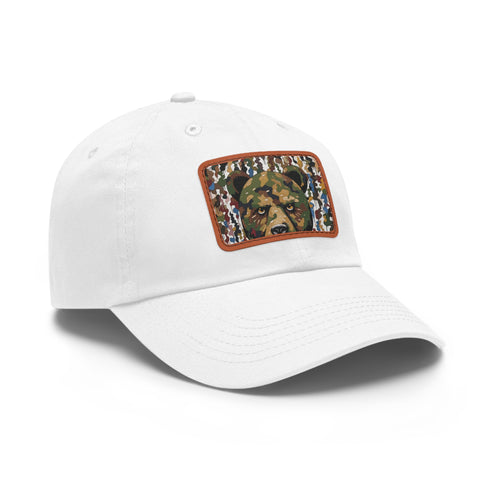 Brown and white camo baseball cap with rectangular patch design.