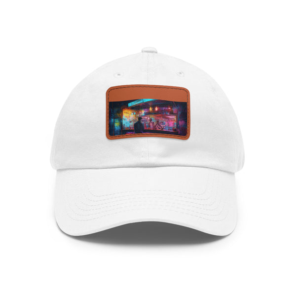 Neon watercolor splash baseball cap in white with light brown patch.
