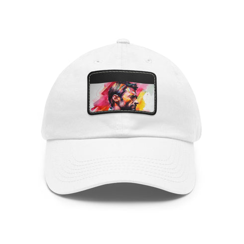 Colorful Hugh Jackman watercolor cap with light brown rectangle patch.