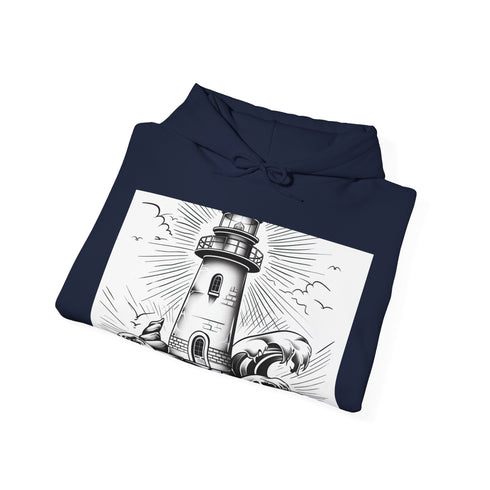Hand-drawn navy lighthouse hoodie, symbol of guidance and heritage.