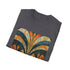 Charcoal cotton T-shirt with vibrant abstract art deco patterns and crew neck