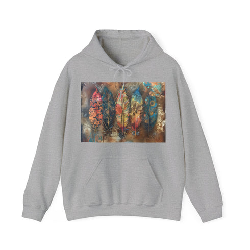 Bohemian feather rhapsody navy hoodie with vibrant symphony feather design.