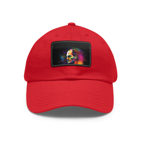 Neon Steve Jobs watercolor baseball cap - white, rectangle shape, vibrant.
