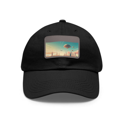 Futuristic urban skyline design white hat with light brown rectangle patch.