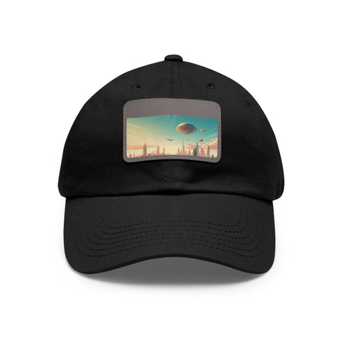 Futuristic urban skyline white hat with light brown rectangle patch.