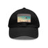 Futuristic urban skyline design white hat with light brown rectangle patch.