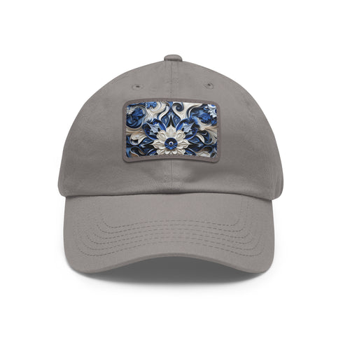 Midnight cerulean cotton baseball cap with white/light brown patch.