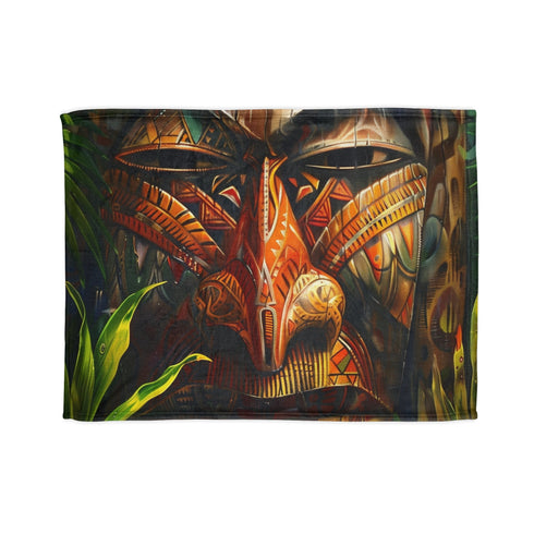 Vibrant Fijian spirit blanket featuring traditional mask painting.