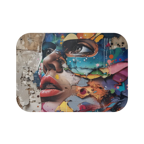 Graffiti-inspired vibrant bath mat with rebellious urban art design, 24" x 17".