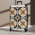 Artisan black ceramic tiles suitcase with seamless elegance pattern.