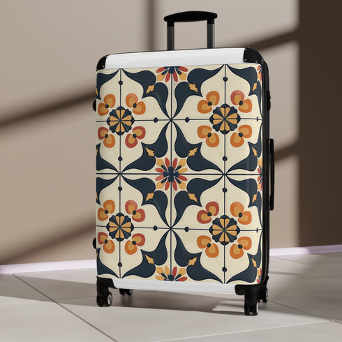 Handcrafted black ceramic tile suitcase with seamless artisan pattern.