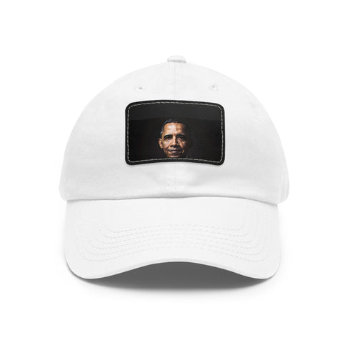 Barack Obama themed white baseball cap, rectangle patch, cotton material.