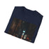 Charcoal graphic cotton T-shirt depicting vivid New York City night scene