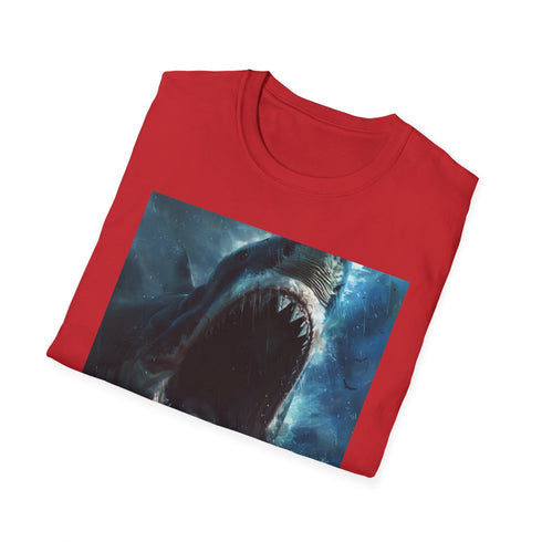 Charcoal cotton crew neck t-shirt featuring vibrant great white shark artwork