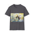 Charcoal crew neck cotton tee with vibrant bumblebee watercolor design