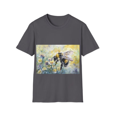 Watercolor bumblebee design tee in charcoal, size small.