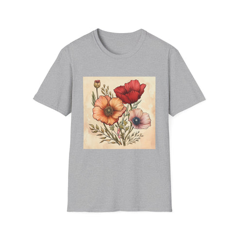 Hand-drawn floral charcoal t-shirt in cotton crew neck vibrant botanical design