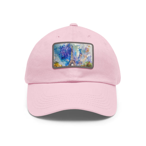 Eiffel Tower Dreams Watercolor Baseball Cap, White with Light Brown patch