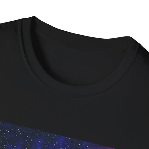 Neon galaxy t-shirt featuring vibrant space design in charcoal cotton fabric