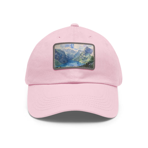 Swiss Alps watercolor baseball cap with white patch, unisex, cotton fabric