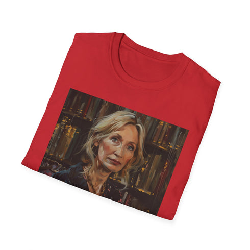 Charcoal cotton crew neck T-shirt featuring vibrant J.K. Rowling portrait