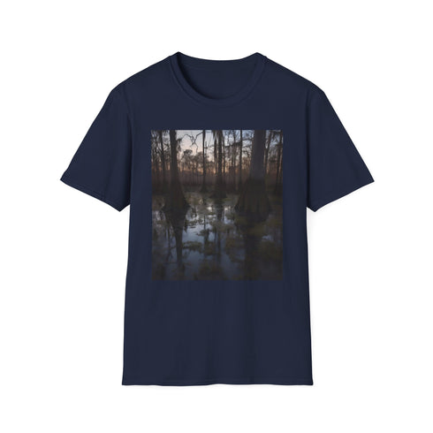 Charcoal cotton T-shirt with mystical cypress swamp twilight design