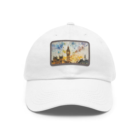 London Skyline Watercolor Baseball Cap, White / Light Brown Rectangle_Unisex