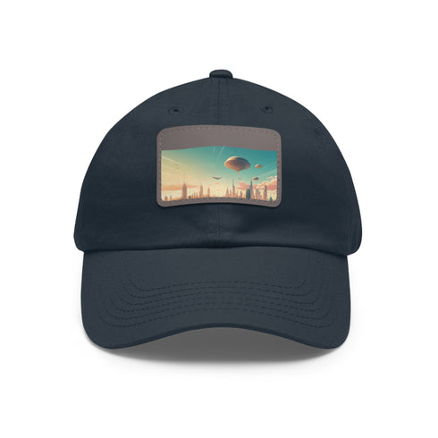 White baseball cap featuring urban skyline design, rectangle shape, unisex style.