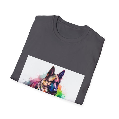 German Shepherd watercolor tee, charcoal cotton, crew neck, regular fit.