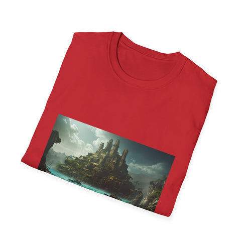 Charcoal crew neck T-shirt with vibrant Atlantis graphic evokes mystery