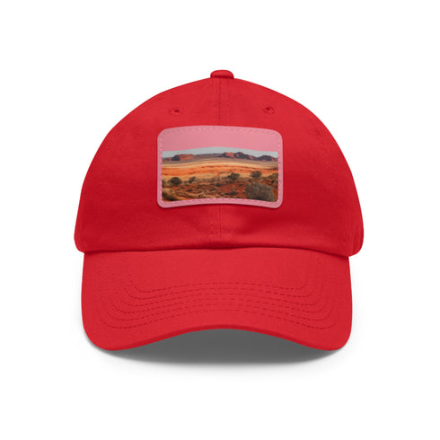 Desert landscape themed white baseball cap with light brown patch.