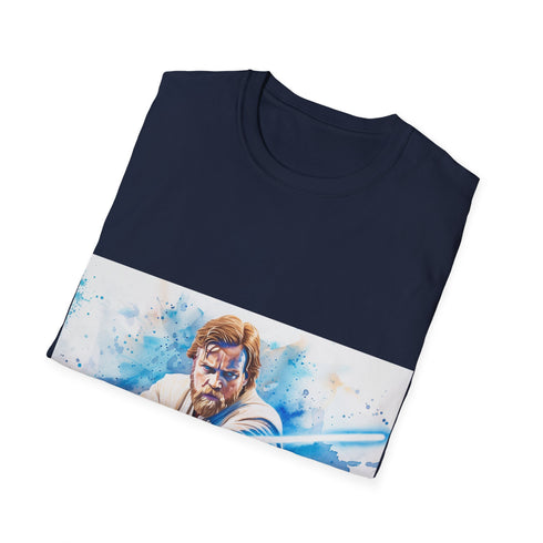 Blue lightsaber tee featuring Obi Wan Kenobi, cotton crew neck.